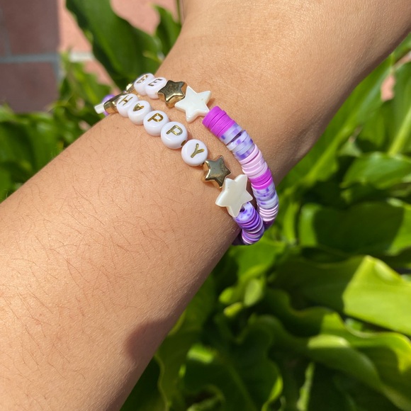 Hand Made -Purple Be Happy Beaded Bracelet with white/gold stars - Picture 2 of 7
